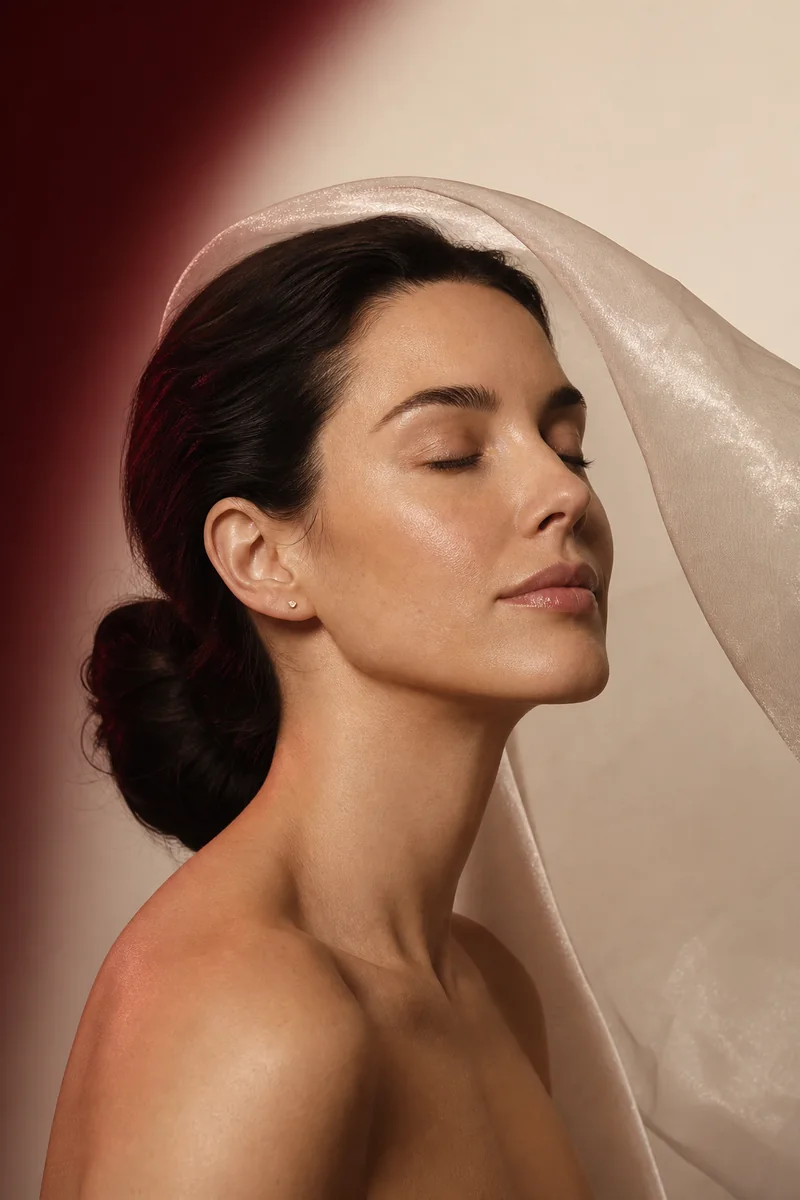 Woman with calm-looking skin framed by a translucent veil